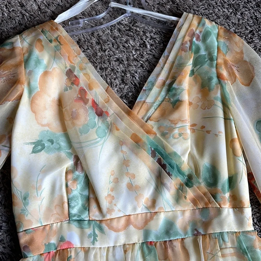 Vintage 70s Chiffon Yellow Floral Floor Length Dress Sz 14 By Union Made - Picture 8 of 16